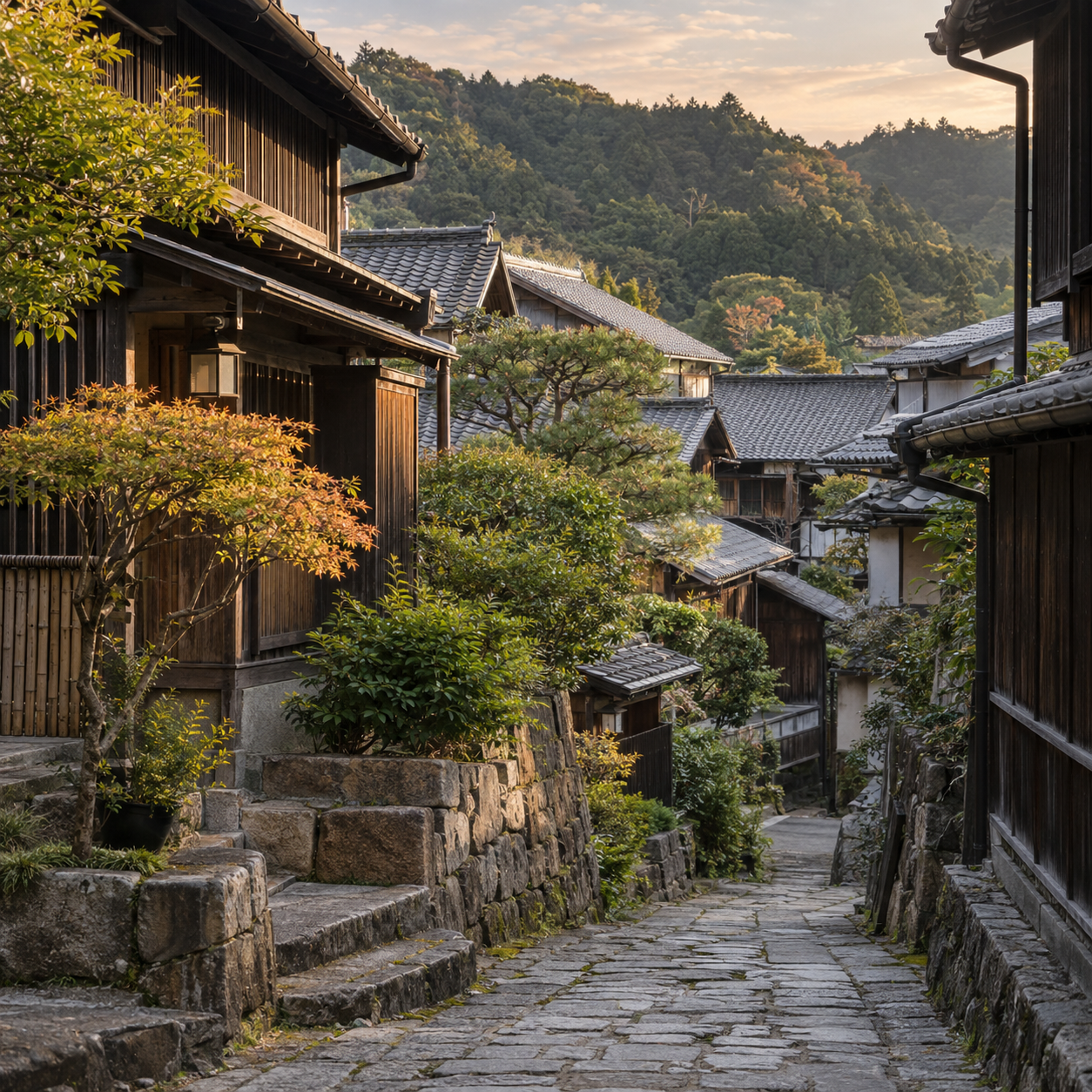 A quiet Japanese town among wooded hills