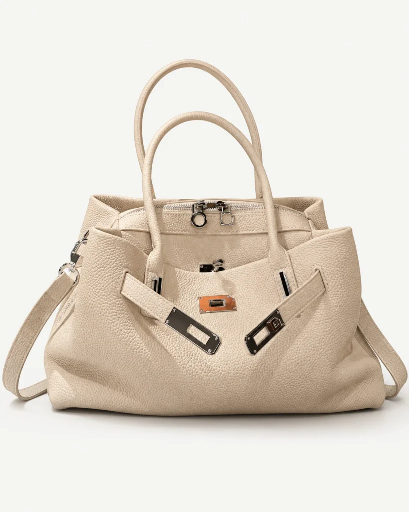 Cream leather bowling tote on a pale studio background