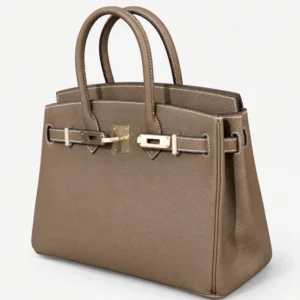 Taupe double-handle leather bag on a pale studio background