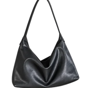 Black leather hobo bag on a pale studio background