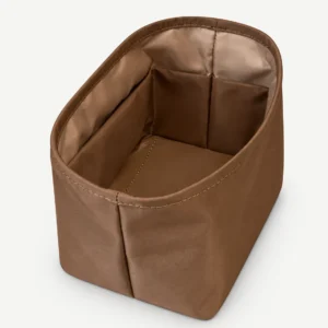 Brown fabric open-top bucket bag organizer showing the actual pocket construction