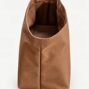 Brown fabric structured top-handle bag organizer showing the actual pocket construction