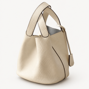 Cream grained leather bucket bag with crossed handles, side view