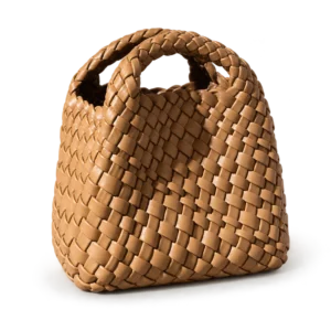Biscuit mini woven phone bag on a pale studio background
