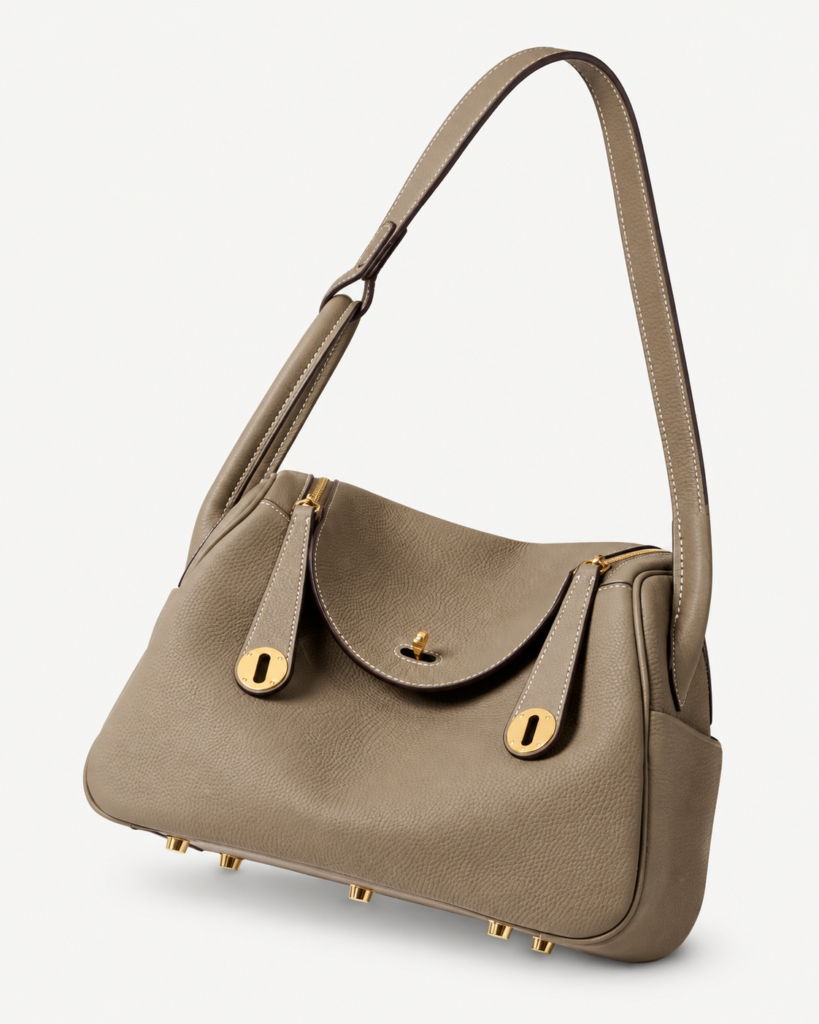 Taupe grained leather satchel with shoulder strap, rounded flap and gold-tone hardware