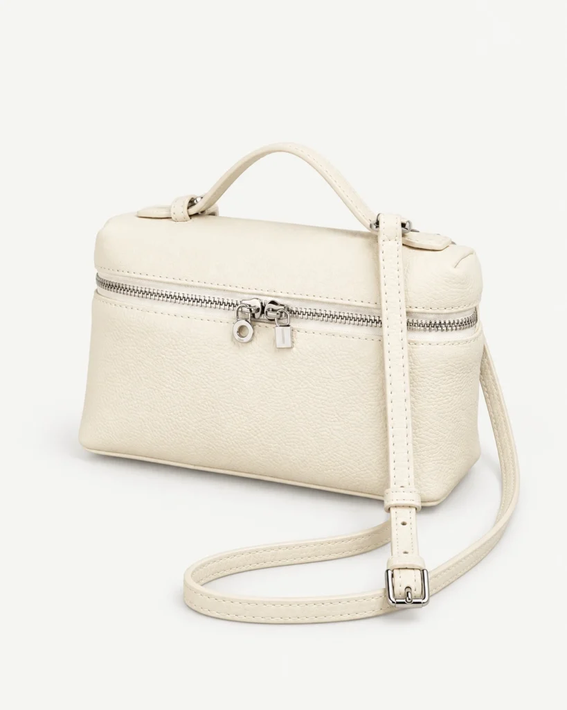 Cream leather zip-top mini bag on a pale studio background