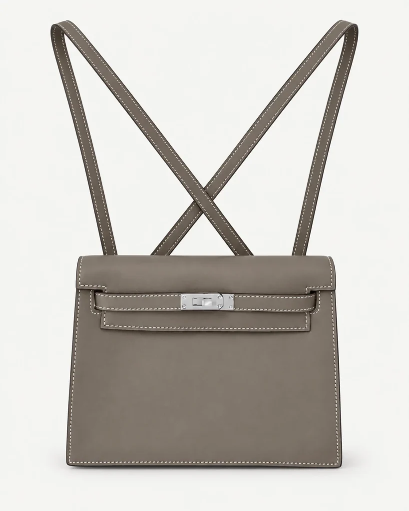 Taupe soft leather flap bag on a pale studio background