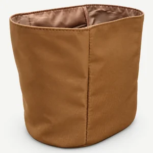 Brown fabric loop-handle bucket organizer showing the actual pocket construction