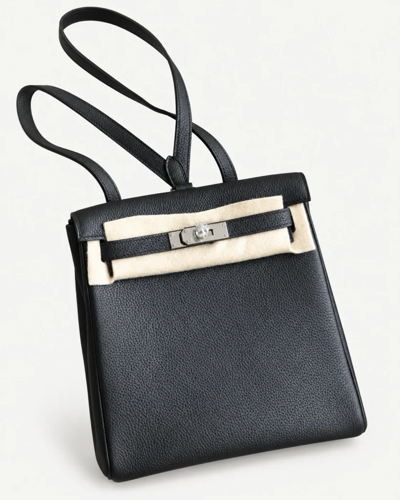 Black grained leather backpack on a pale studio background