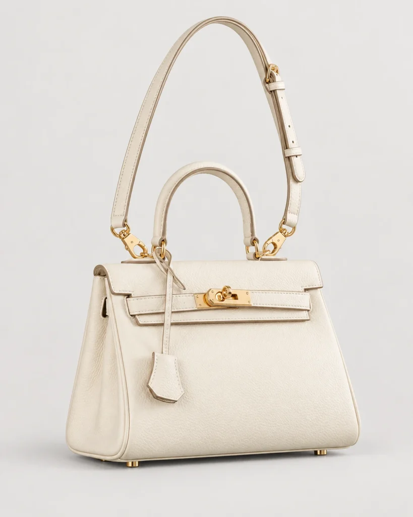 Cream grained leather top-handle bag on a pale studio background