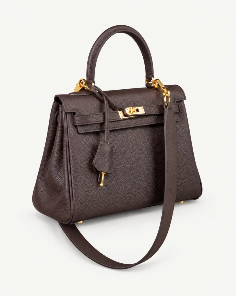 Ebony wide-strap leather top-handle bag on a pale studio background