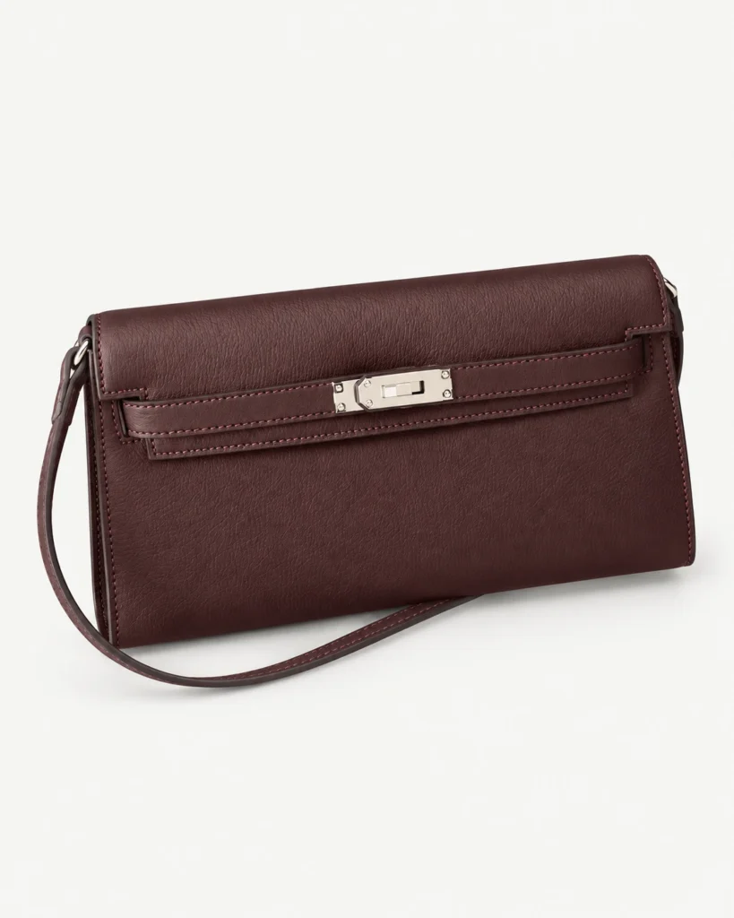 Saddle Red elongated leather shoulder bag on a pale studio background