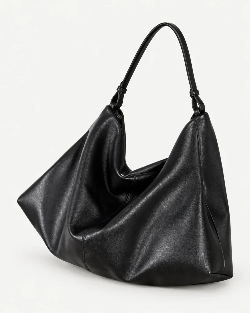 Black split-leather shoulder bag on a pale studio background