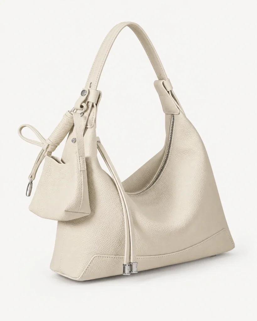 Cream leather hobo bag on a pale studio background