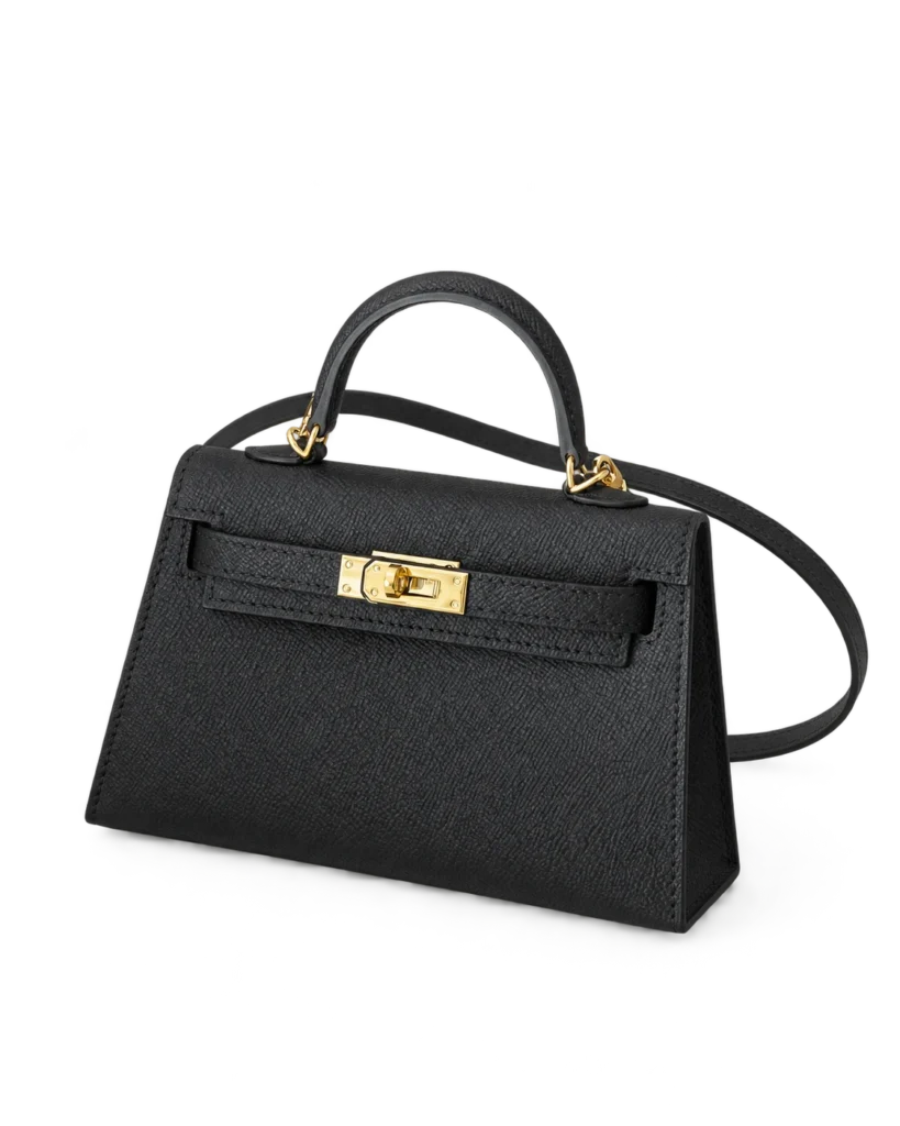 Black textured leather top-handle bag on a pale studio background