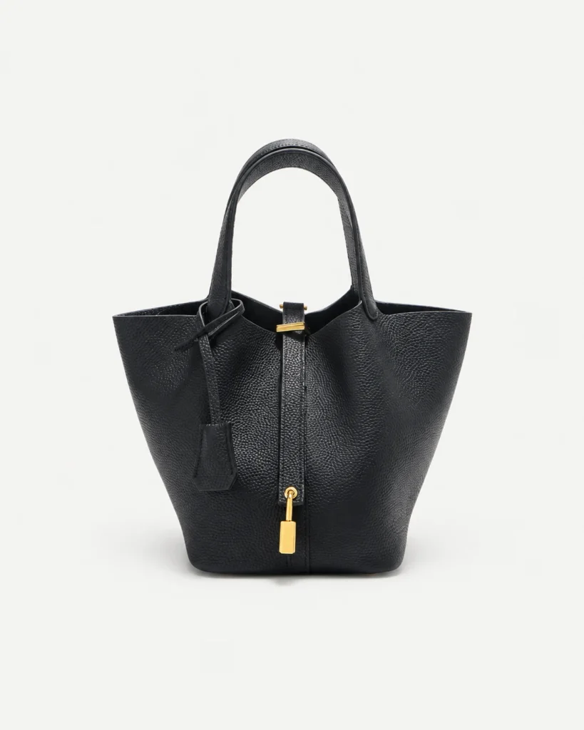 The Basket — Grained Leather Bucket Bag in Black — product color photograph