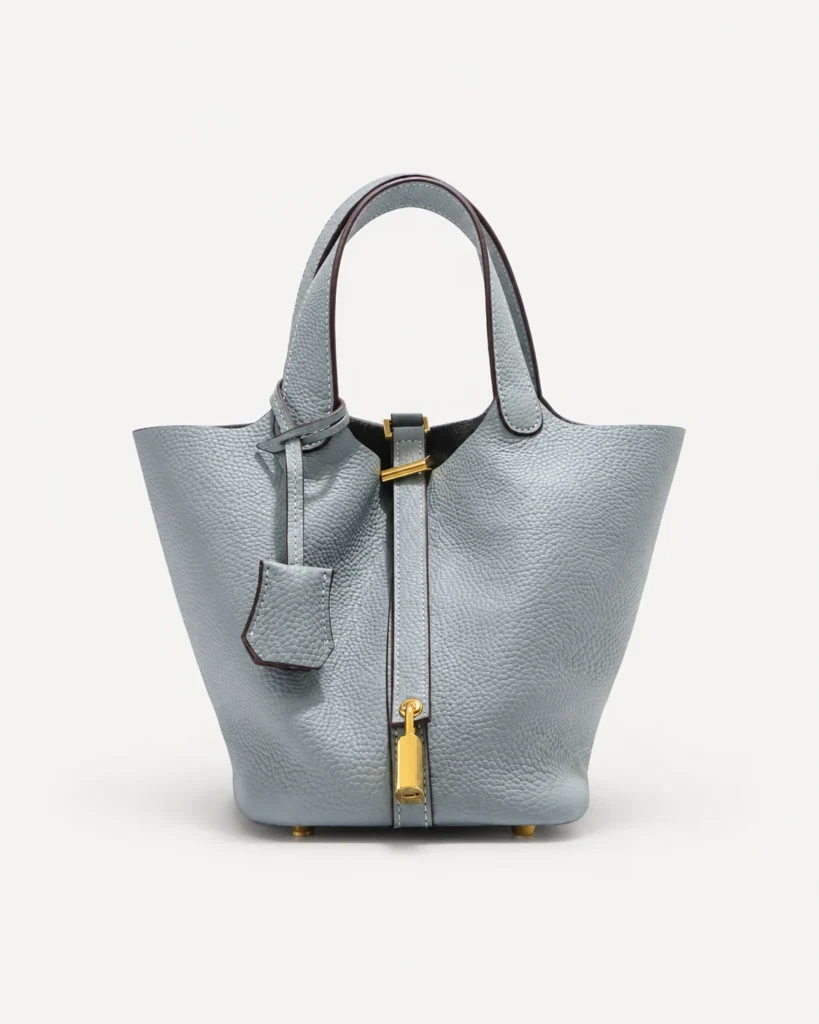 The Basket — Grained Leather Bucket Bag in Linen Blue — product color photograph