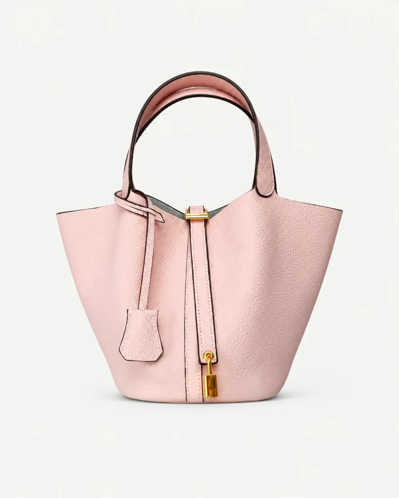 The Basket — Grained Leather Bucket Bag in Pink — product color photograph