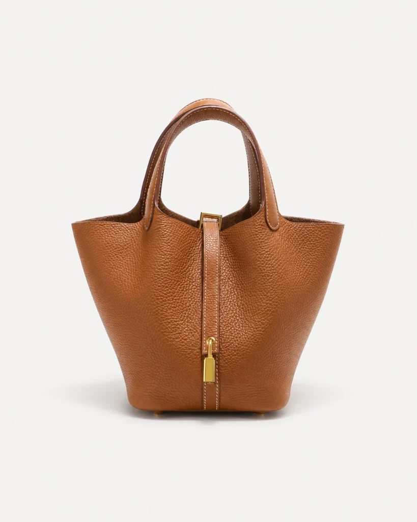 The Basket — Grained Leather Bucket Bag in Tan — product color photograph