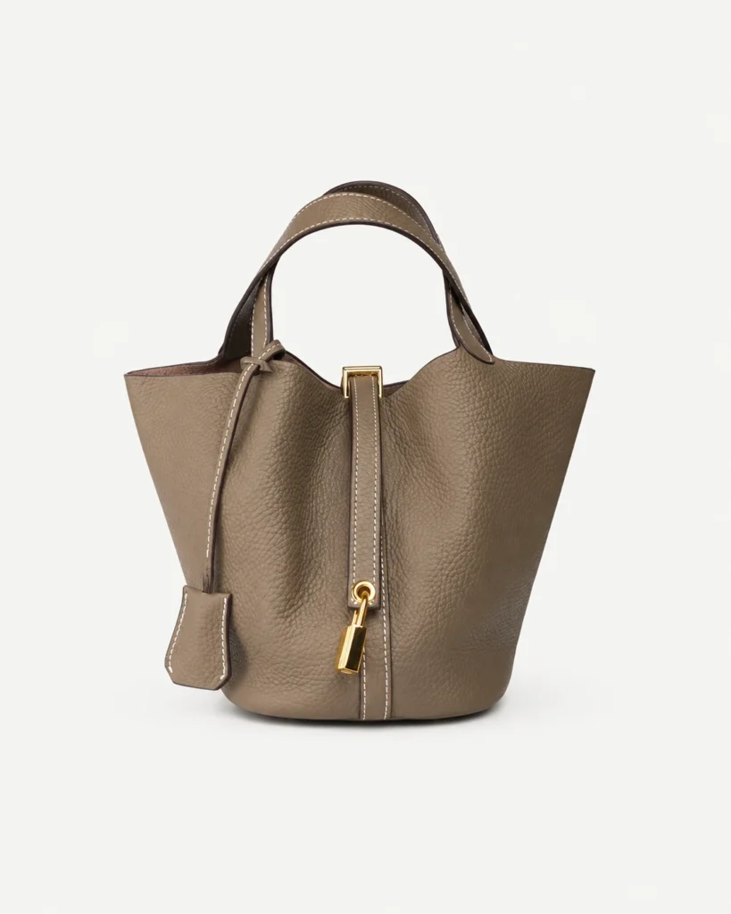 The Basket — Grained Leather Bucket Bag in Taupe — product color photograph