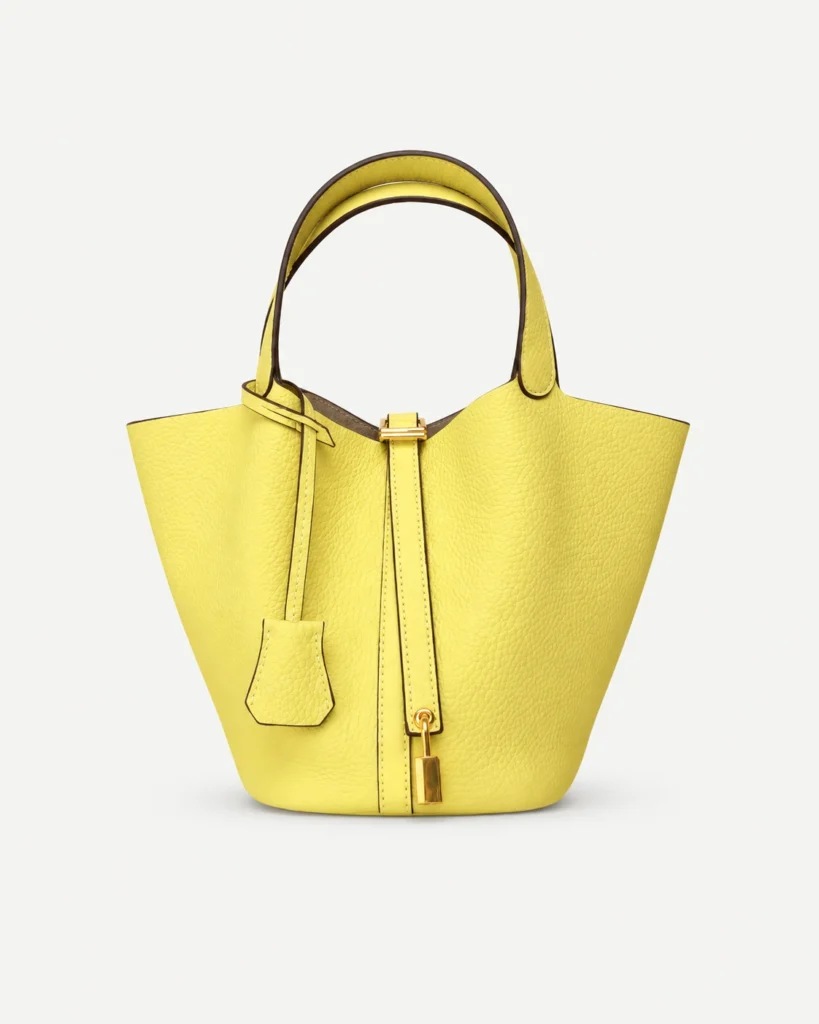 The Basket — Grained Leather Bucket Bag in Yellow — product color photograph
