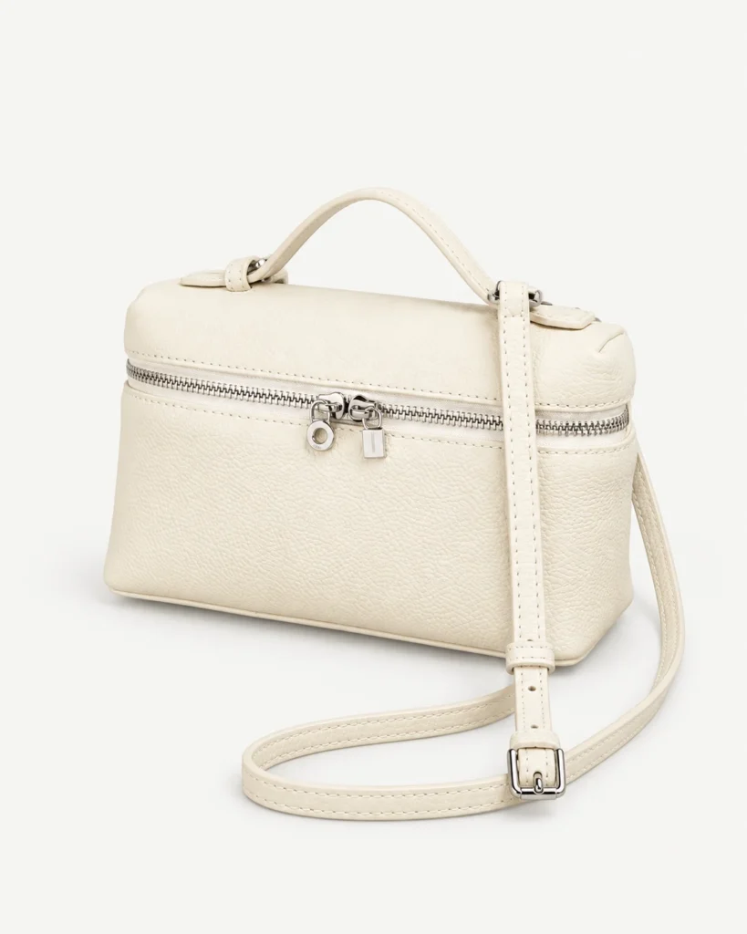 Cream leather zip-top mini bag on a pale studio background