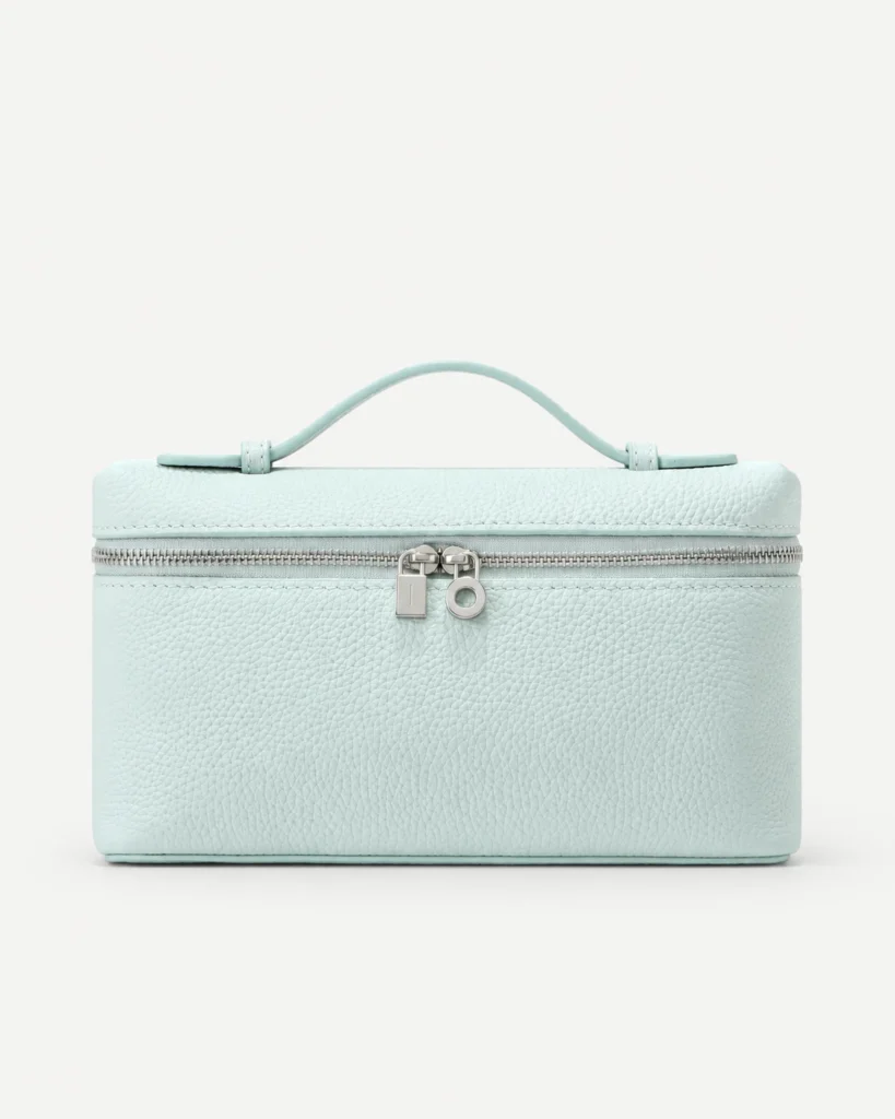The Box — Leather Zip-Top Mini Bag in Sea Salt Blue — product color photograph
