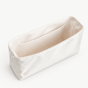 Convertible Flap Bag Organizer in cream satin showing interior compartments