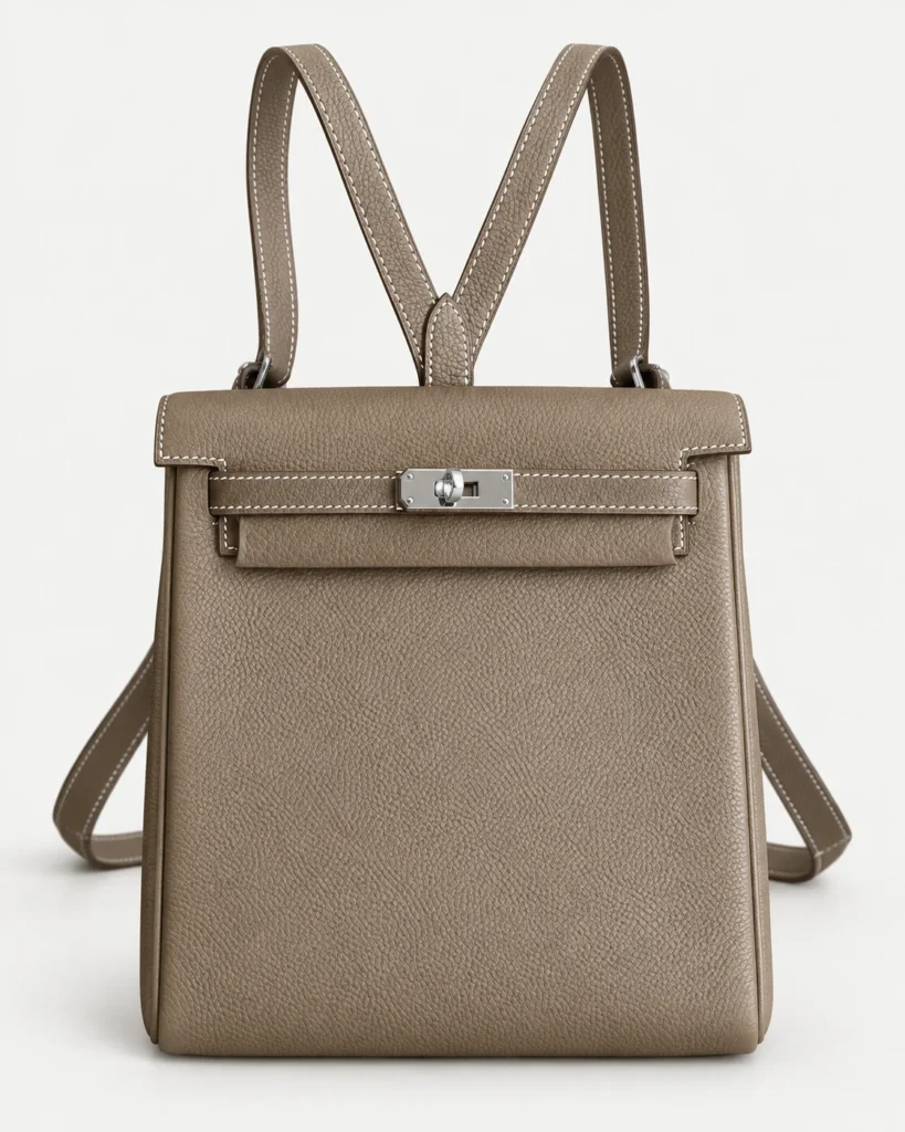 The Daypack — Grained Leather Backpack — Taupe / Silver-tone color reference