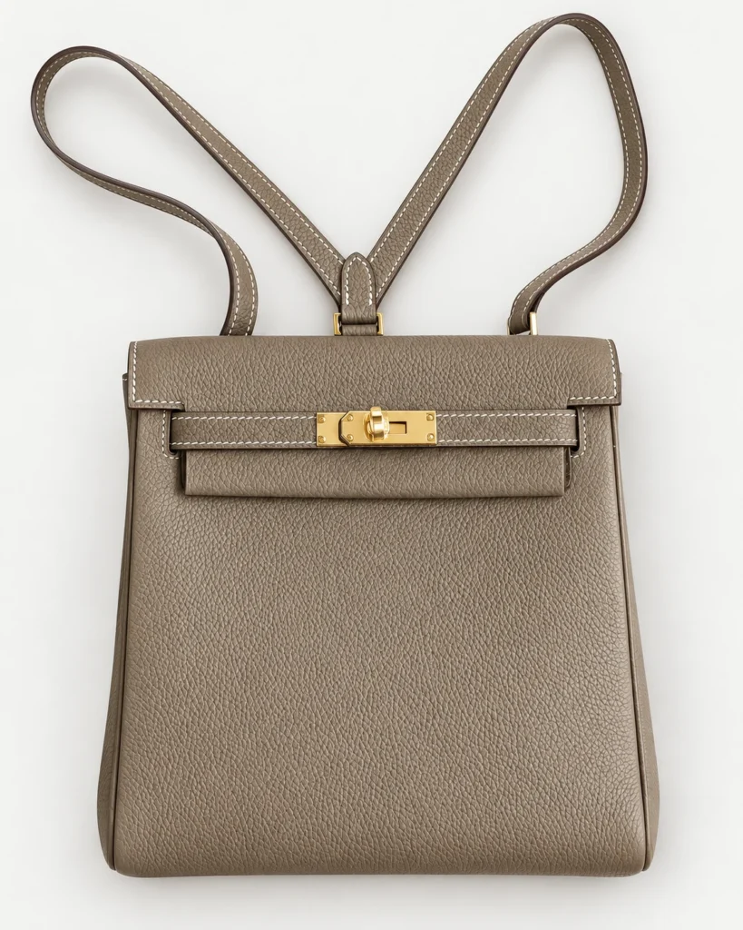 The Daypack — Grained Leather Backpack — Taupe / Gold-tone color reference