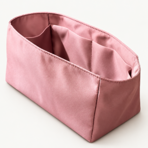 Double-Handle Satin Bag Organizer in blush pink satin showing interior compartments