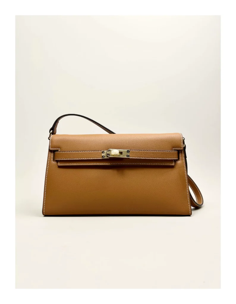 The Evening — Elongated Leather Shoulder Bag — Tan / Gold-tone