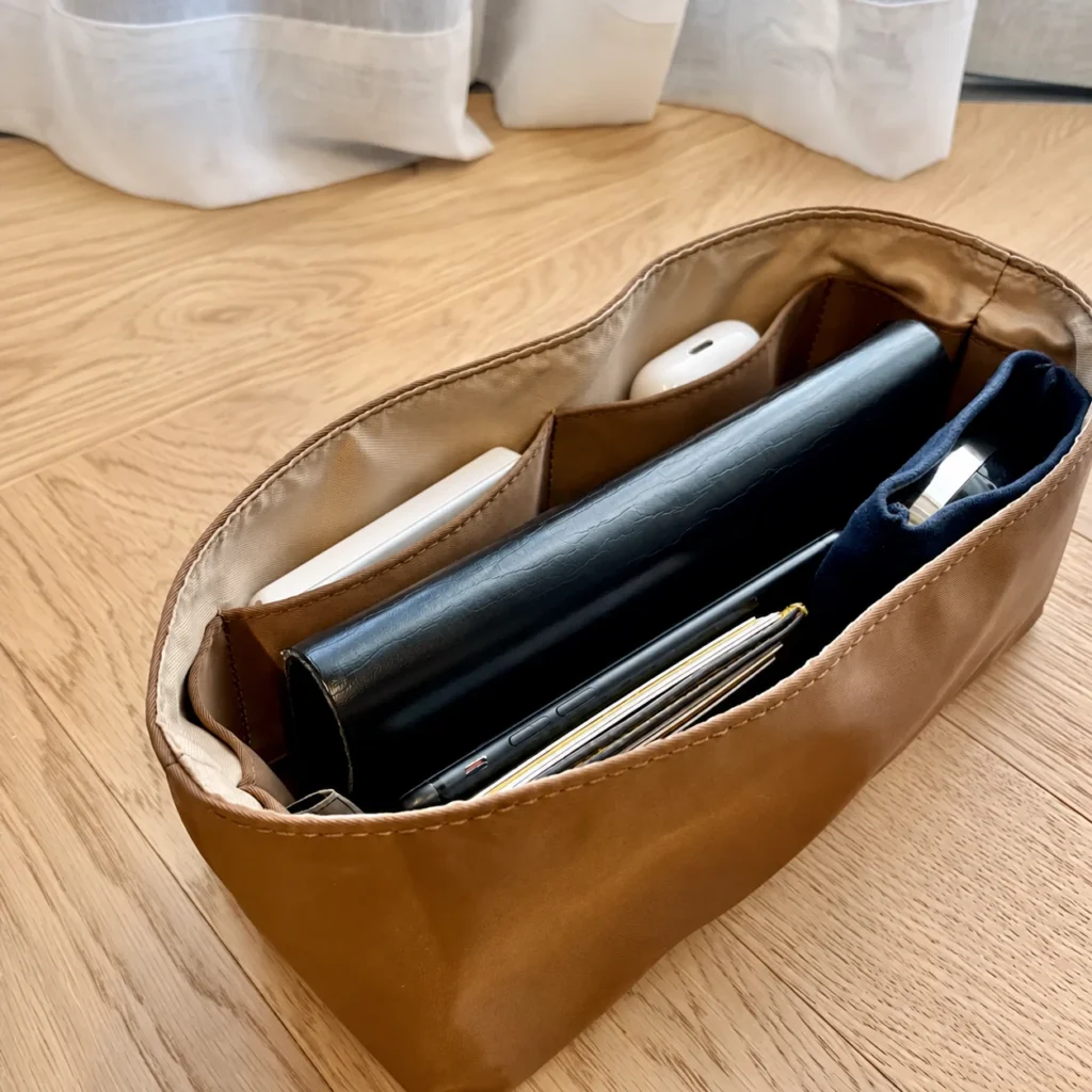Geometric Satchel Organizer — fabric, pockets and interior details