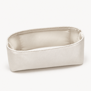 Mini Top-Handle Satin Organizer in cream satin showing interior compartments