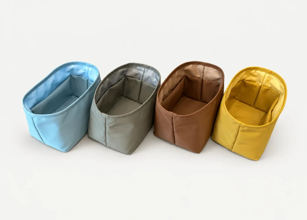 Open-Top Bucket Bag Organizer — Light Blue, Gray, Brown and Lemon Yellow fabric color reference