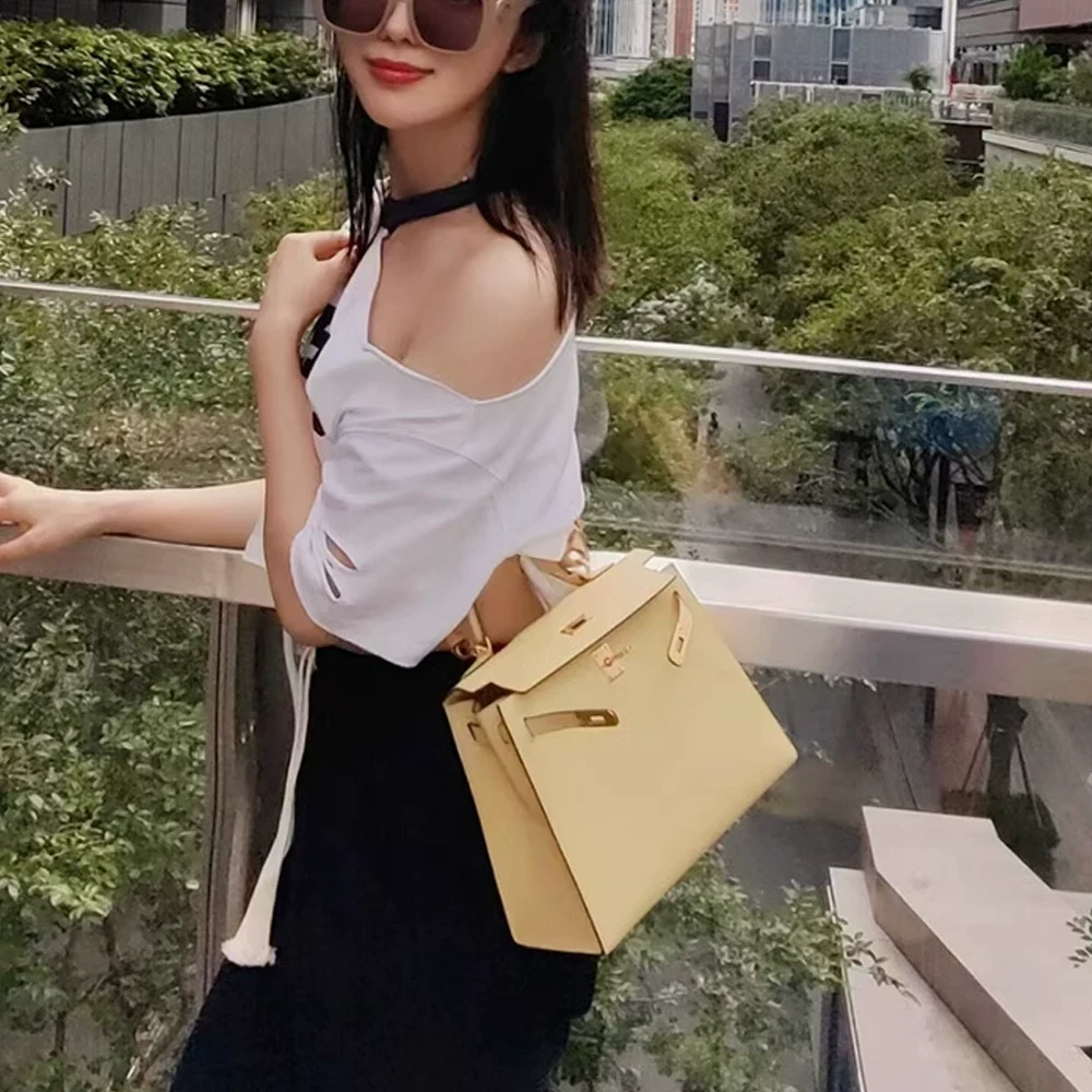 The Petite — Textured Leather Top-Handle Bag — Butter Yellow / Gold-tone color reference