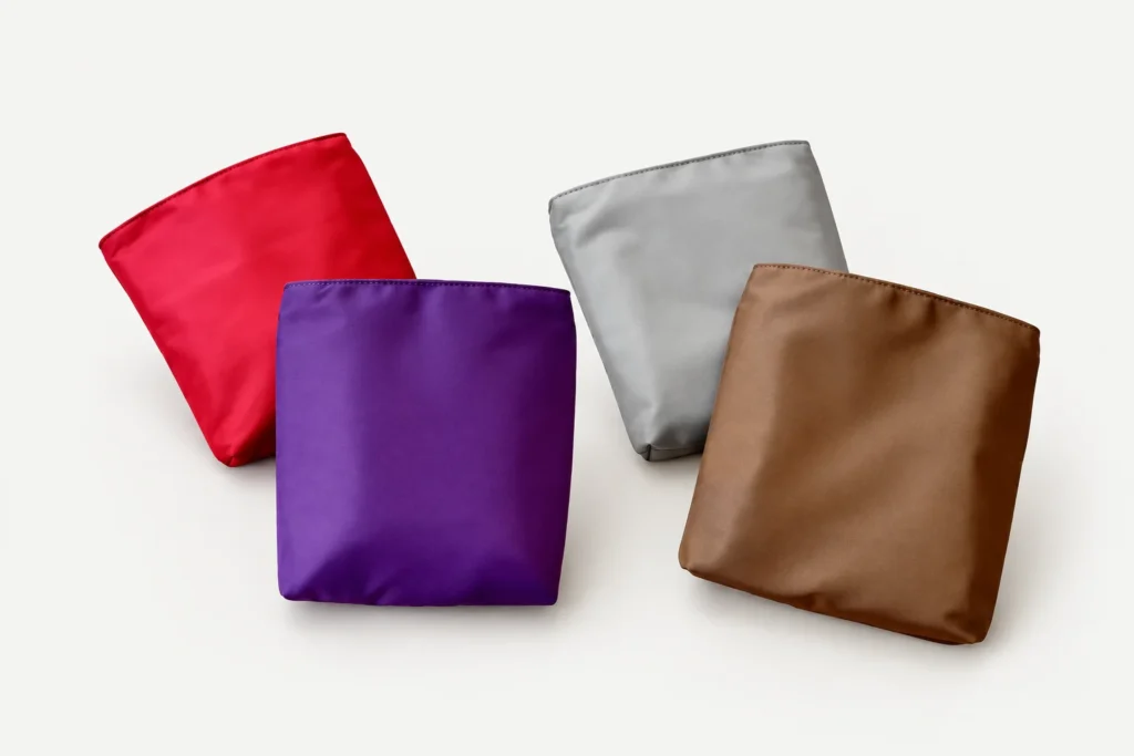 Slim Crossbody Bag Organizer — Red, Purple, Gray and Brown fabric color reference